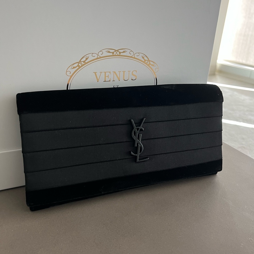 Saint Laurent Velvet Satin Monogram Clutch Black
